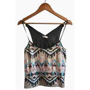 L8ter Top Womens Small  Black Aztec  Sequins Sheer Back Spaghetti Straps Y2k